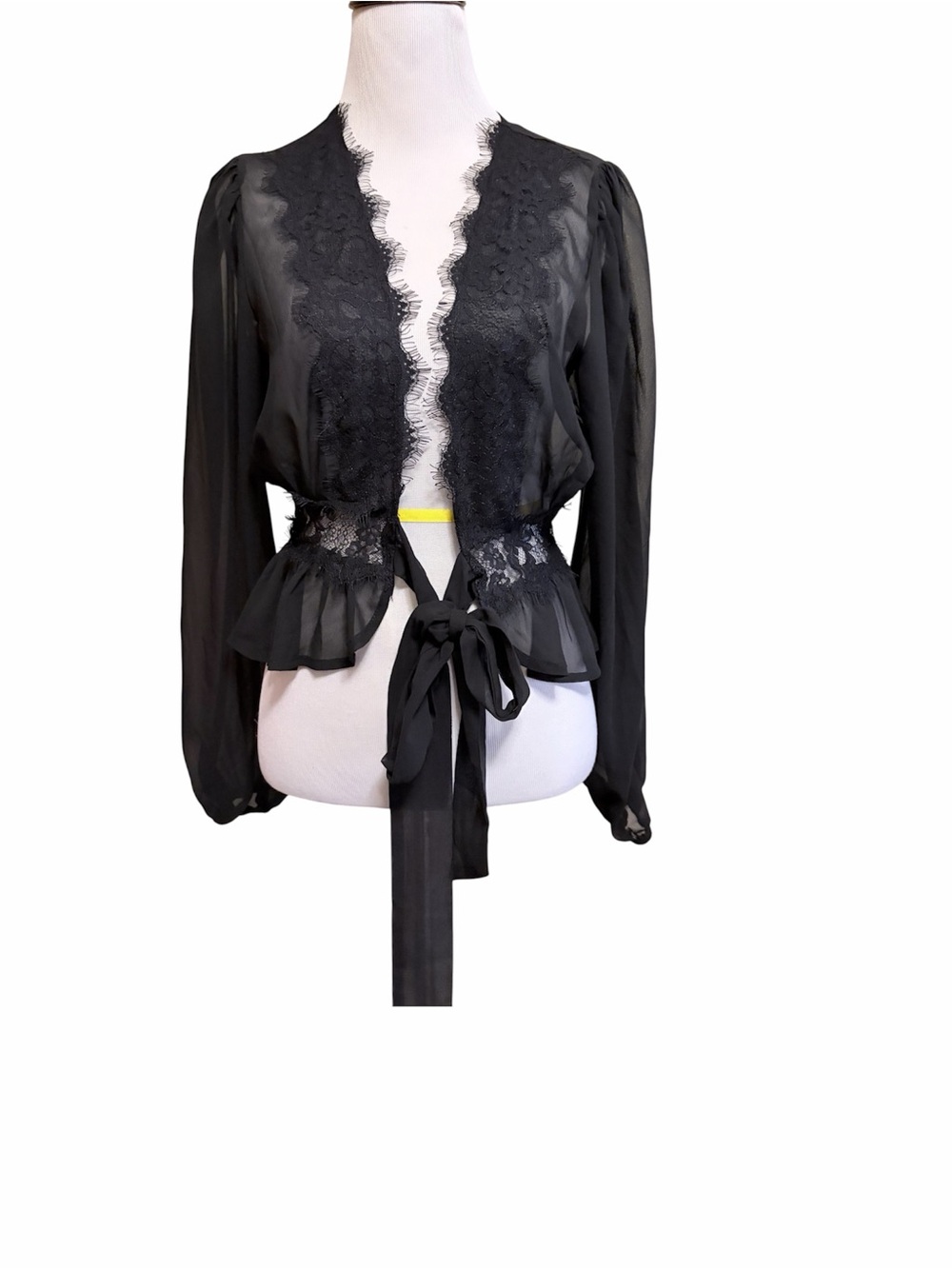 Lovely day small Black Sheer Lace-Trim Tie-Front Blouse Cardigan